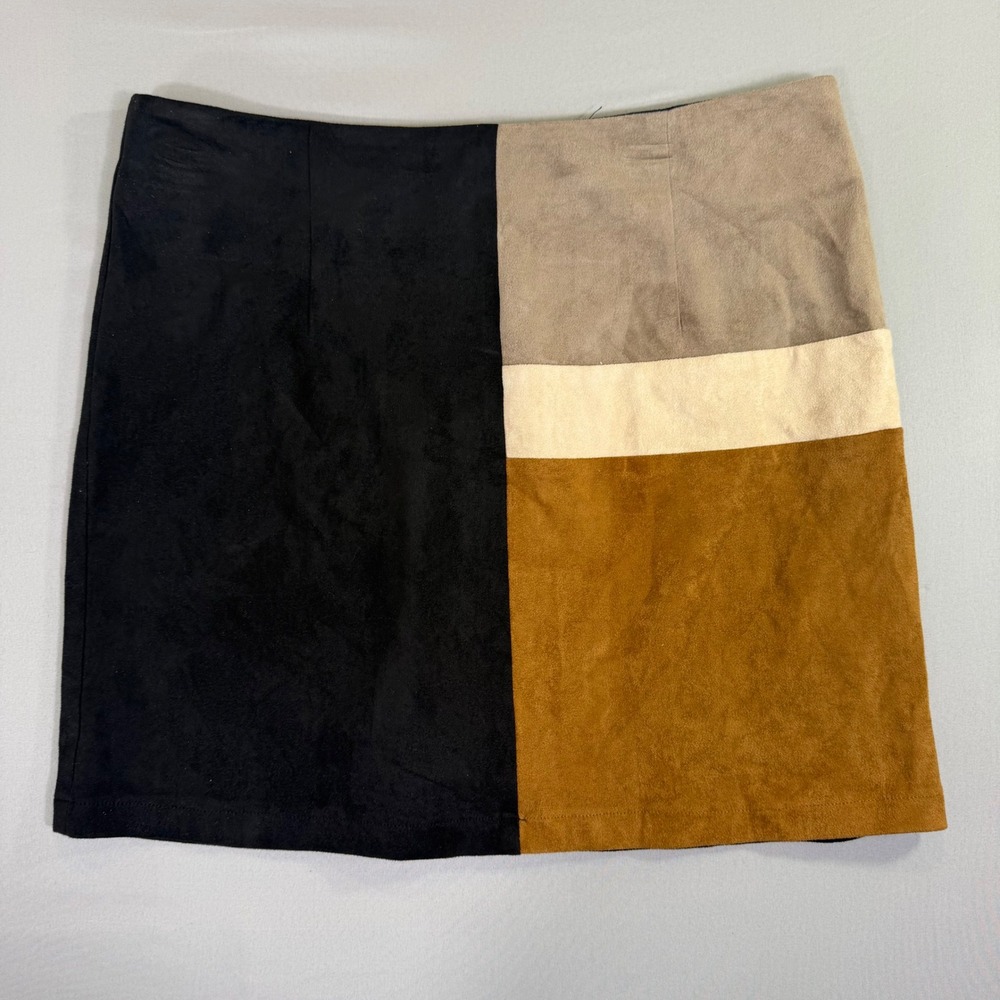 Faux Suede Colorblock Mini Skirt Womens Large Mod Retro Y2K Indie Sleaze Western